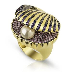 14KT Gold Plated Clamshell with Pearl Scallop Surprise Cocktail Statement Ring